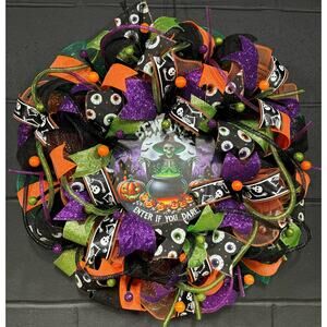 Halloween Wreath Skeleton Witch XL Fall Door Hanger Handmade 24 Inch Deco Mesh